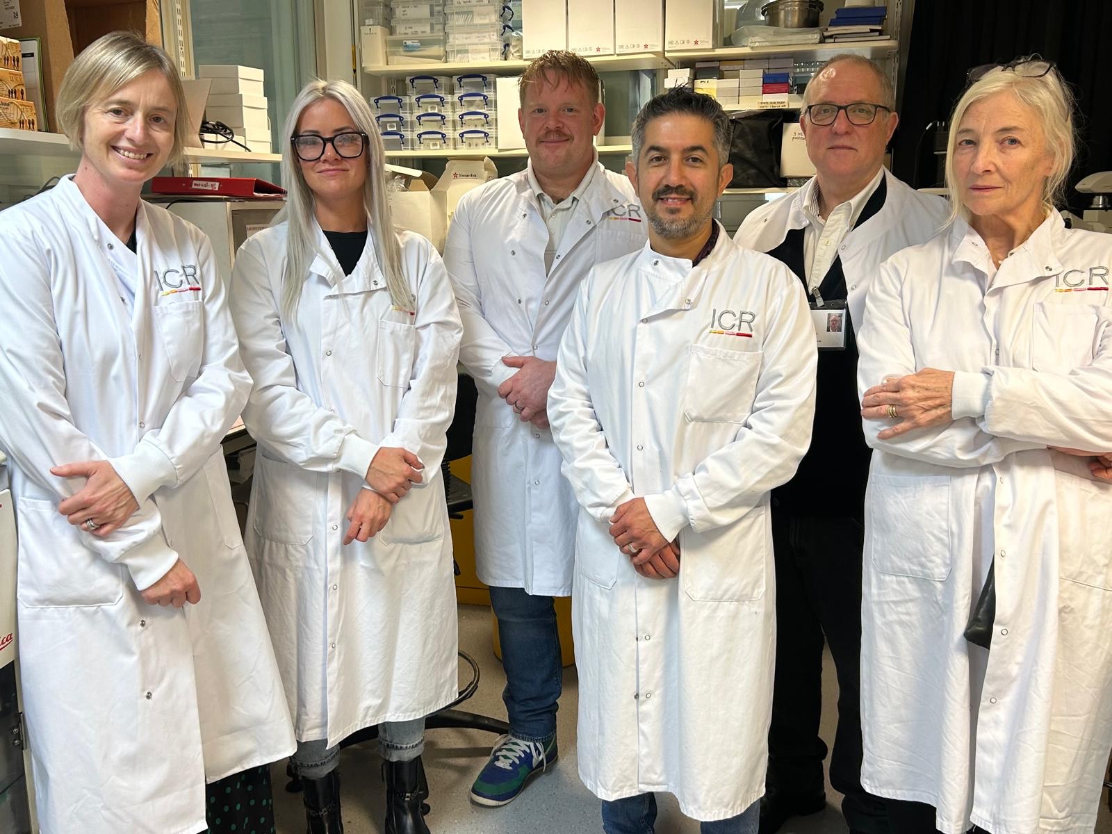 TeamLuke Foundation Trustees, visit Institute for Cancer Research to announce £25,000 donation. Featuring Dr Sally George   Becky Bell   Mark Bell   Dr Andrea Lampis   Graham Bell   Carol Bell  Left to right